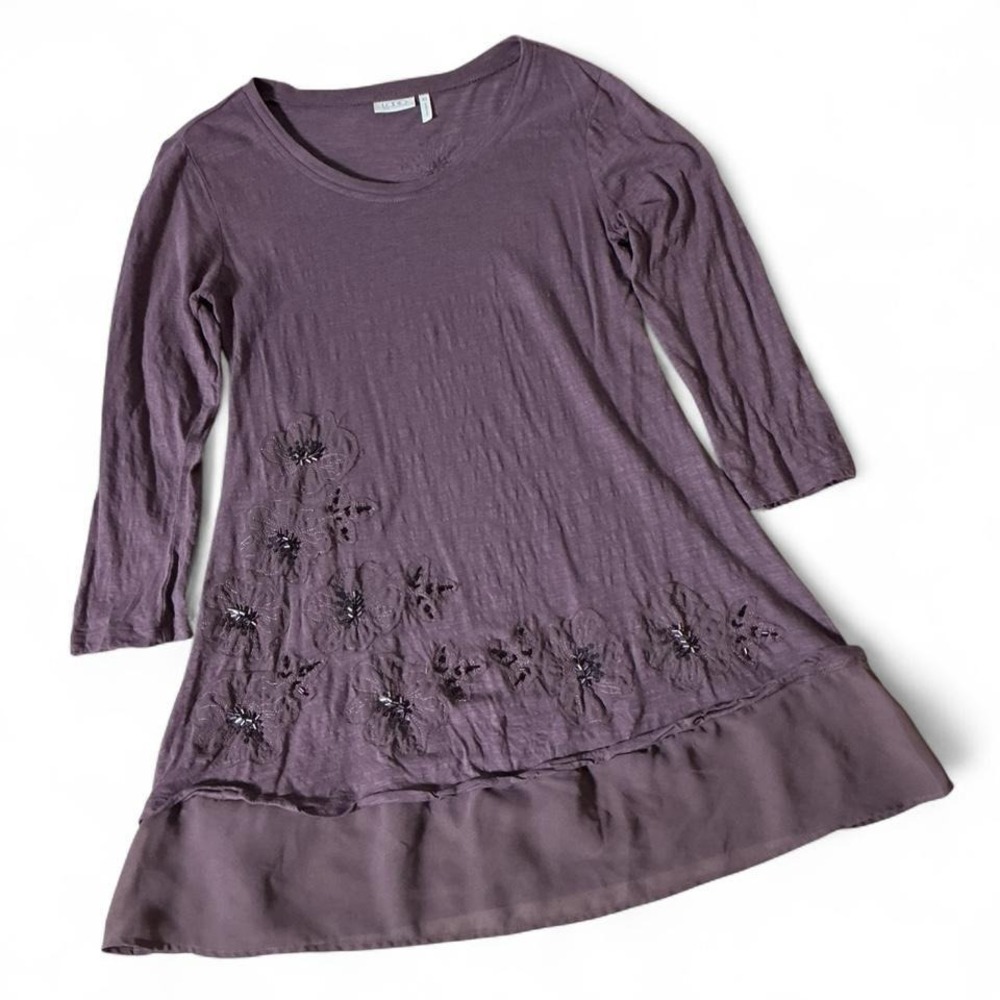 LOGO Lori Goldstein Lagenlook Women's Floral Sequin Chiffon Hem Top XS A262455